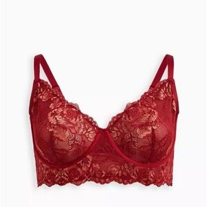 Unlined Longline Underwire Bra - Lace Red & Gold